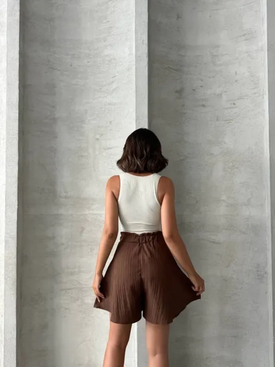 Volanlı Keten Şort Kahve S255058