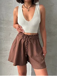 Volanlı Keten Şort Kahve S255058