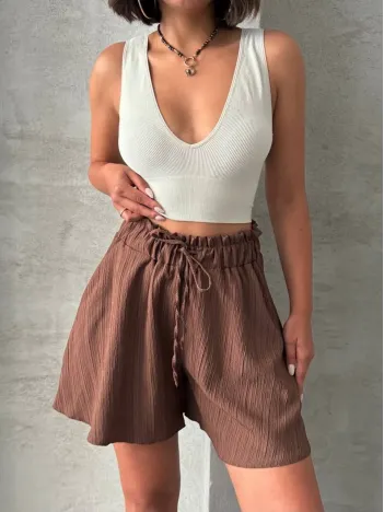 Volanlı Keten Şort Kahve S255058