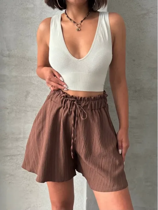 Volanlı Keten Şort Kahve S255058