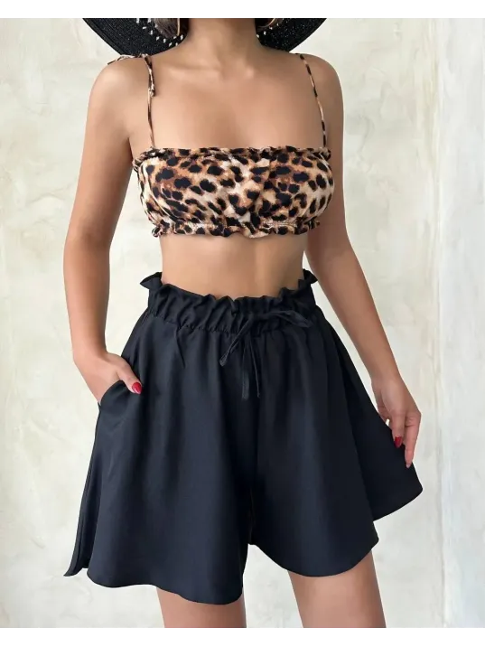 Volanlı Keten Şort Siyah S255058