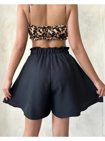 Volanlı Keten Şort Siyah S255058