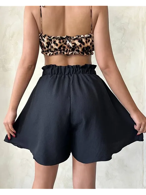 Volanlı Keten Şort Siyah S255058