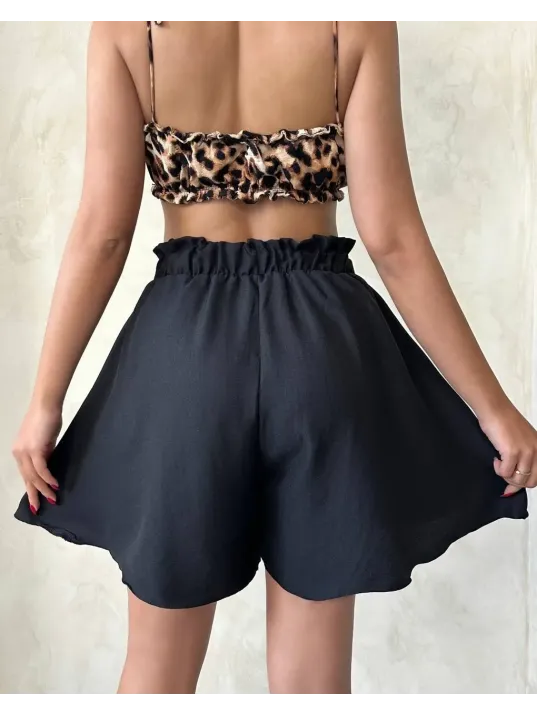 Volanlı Keten Şort Siyah S255058