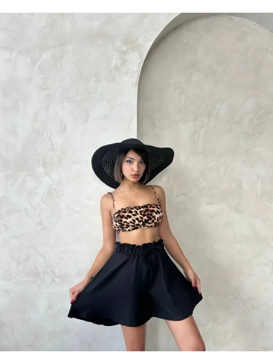 Volanlı Keten Şort Siyah S255058