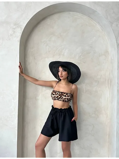 Volanlı Keten Şort Siyah S255058