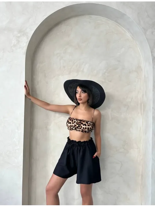 Volanlı Keten Şort Siyah S255058