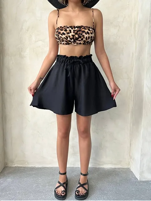 Volanlı Keten Şort Siyah S255058