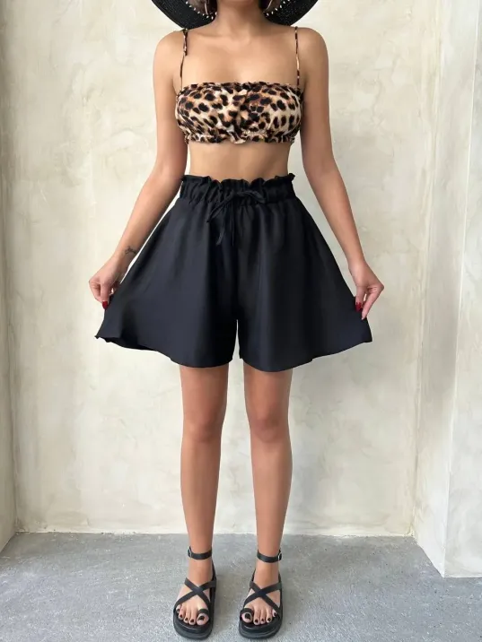 Volanlı Keten Şort Siyah S255058