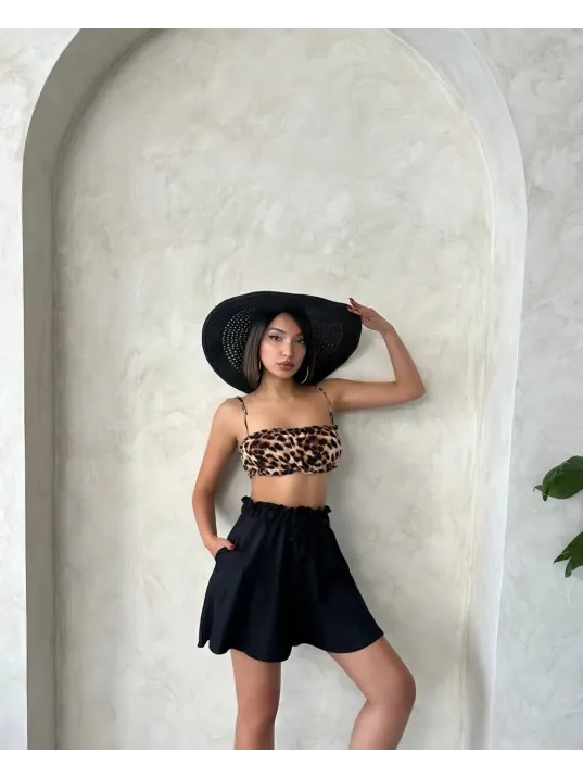 Volanlı Keten Şort Siyah S255058