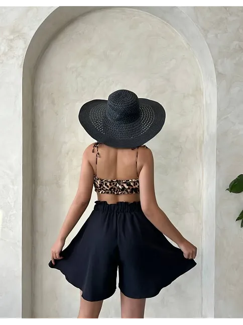Volanlı Keten Şort Siyah S255058