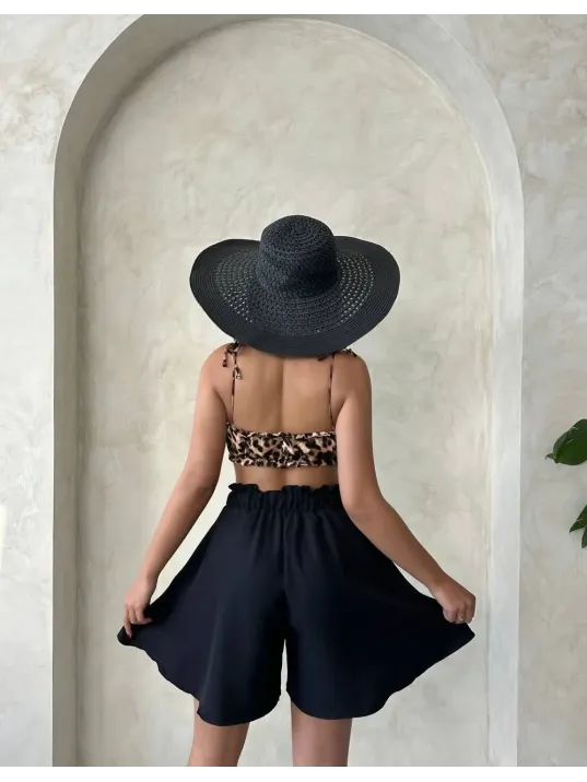 Volanlı Keten Şort Siyah S255058