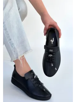 Warte Siyah Deri Bağcıklı Spor Ayakkabı