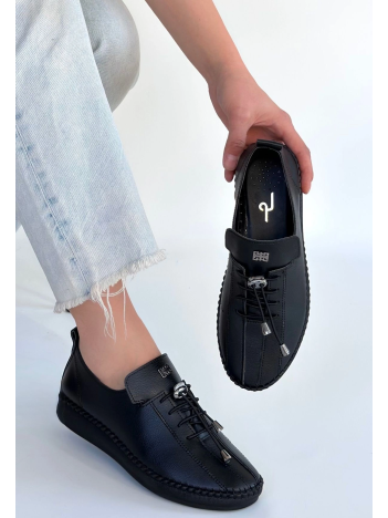 Warte Siyah Deri Bağcıklı Spor Ayakkabı