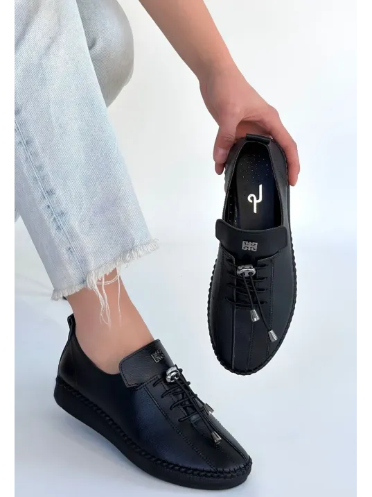 Warte Siyah Deri Bağcıklı Spor Ayakkabı