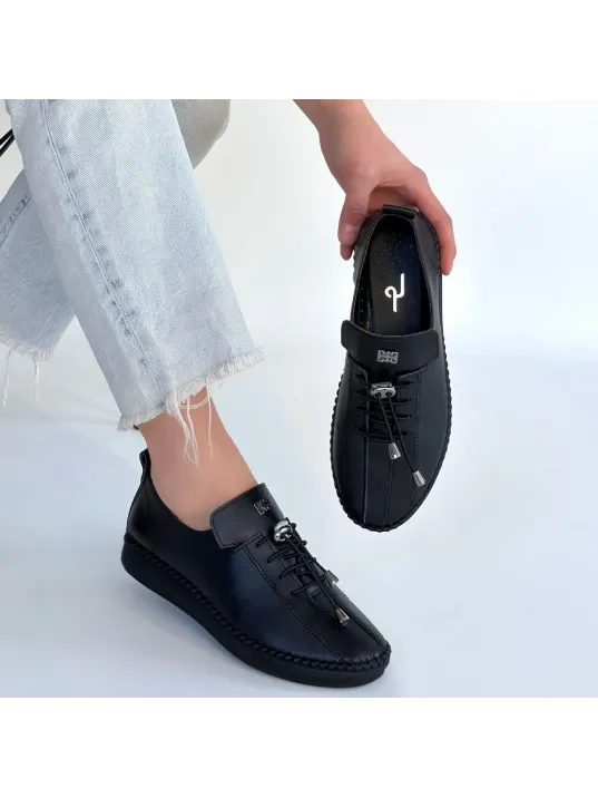 Warte Siyah Deri Bağcıklı Spor Ayakkabı