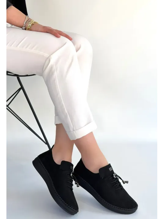 Warte Siyah Süet Bağcıklı Spor Ayakkabı