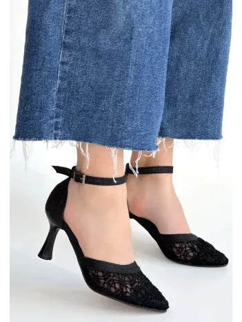 Weja Siyah Cilt Tül Detaylı Simli Topuklu Ayakkabı