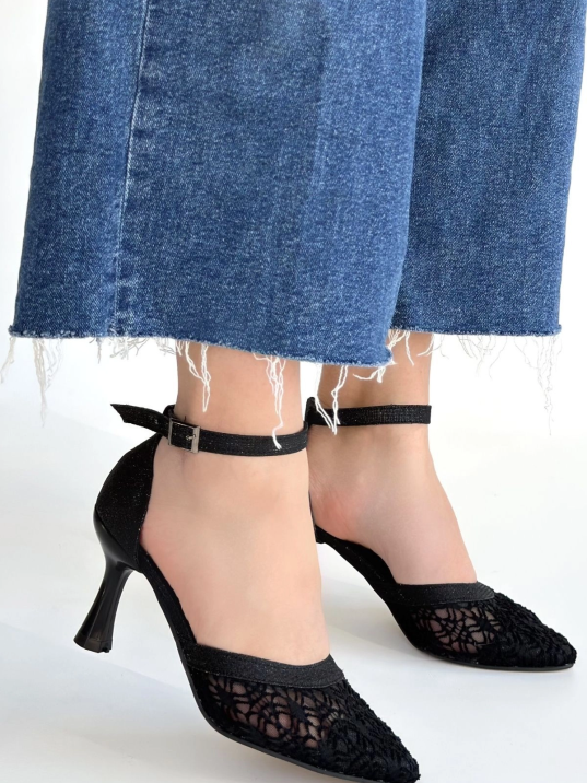 Weja Siyah Cilt Tül Detaylı Simli Topuklu Ayakkabı