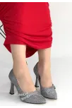 Wenda Gümüş Simli Cilt Topuklu Ayakkabı