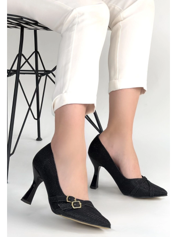 Wenda Siyah Simli Cilt Topuklu Ayakkabı