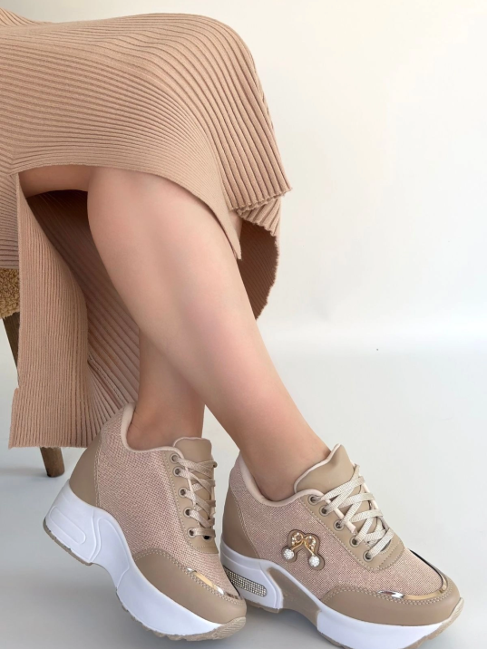 Wody Bej Cilt Simli Bağcıklı Spor Ayakkabı