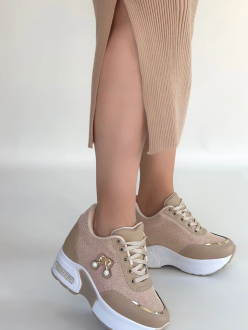 Wody Bej Cilt Simli Bağcıklı Spor Ayakkabı