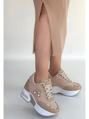 Wody Bej Cilt Simli Bağcıklı Spor Ayakkabı