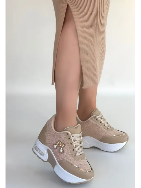 Wody Bej Cilt Simli Bağcıklı Spor Ayakkabı