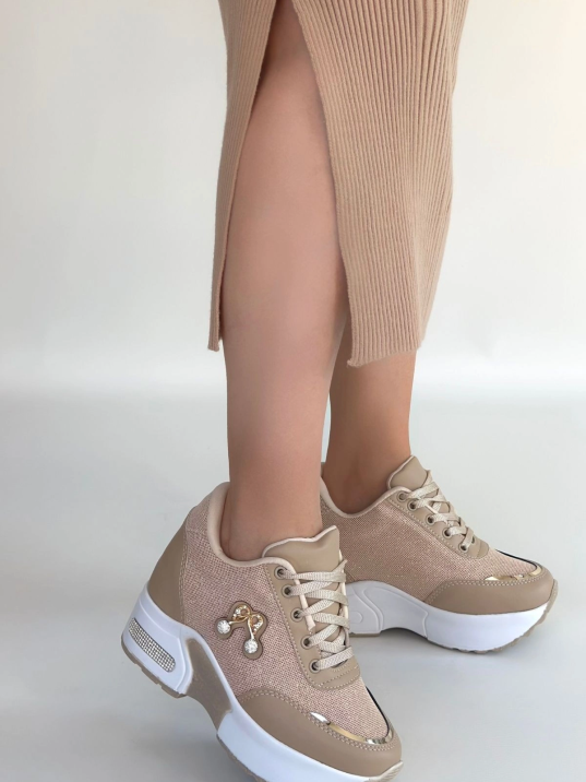 Wody Bej Cilt Simli Bağcıklı Spor Ayakkabı