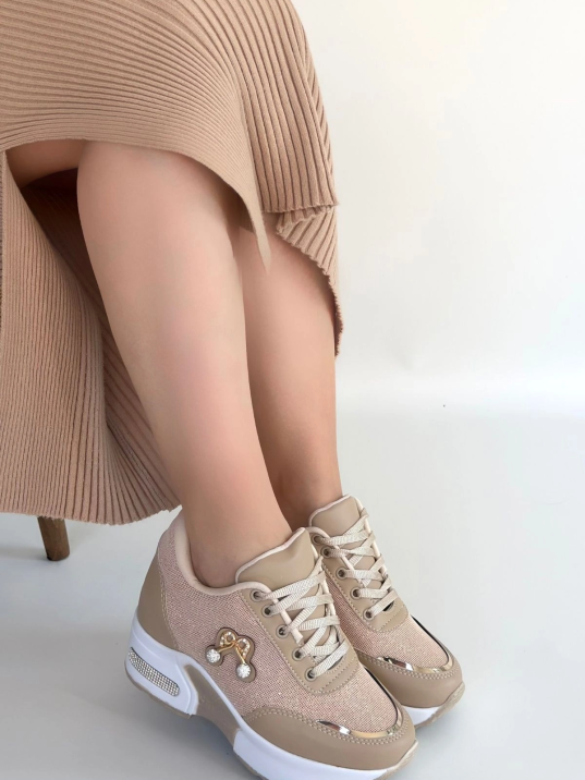 Wody Bej Cilt Simli Bağcıklı Spor Ayakkabı