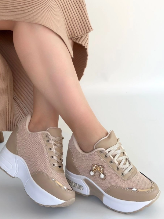 Wody Bej Cilt Simli Bağcıklı Spor Ayakkabı