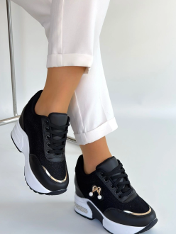 Wody Siyah Cilt Simli Bağcıklı Spor Ayakkabı