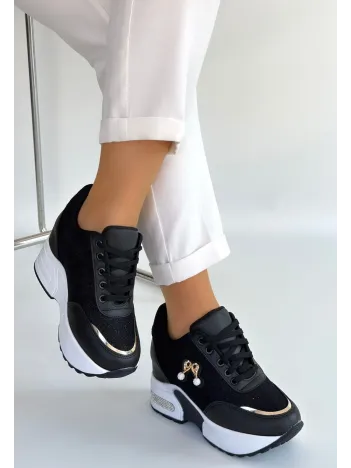 Wody Siyah Cilt Simli Bağcıklı Spor Ayakkabı