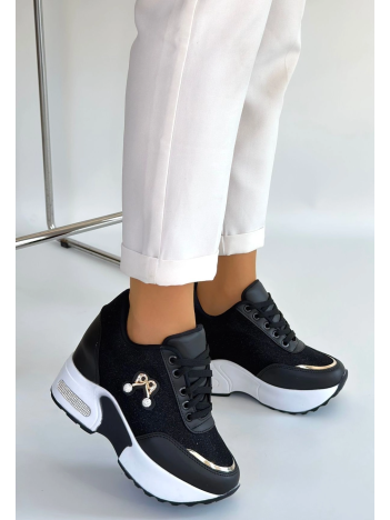 Wody Siyah Cilt Simli Bağcıklı Spor Ayakkabı