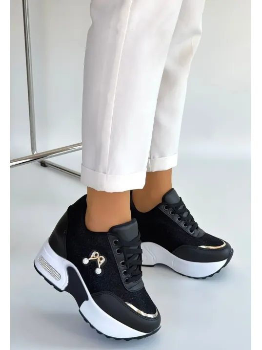 Wody Siyah Cilt Simli Bağcıklı Spor Ayakkabı