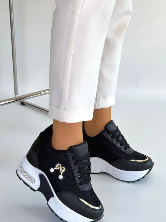 Wody Siyah Cilt Simli Bağcıklı Spor Ayakkabı