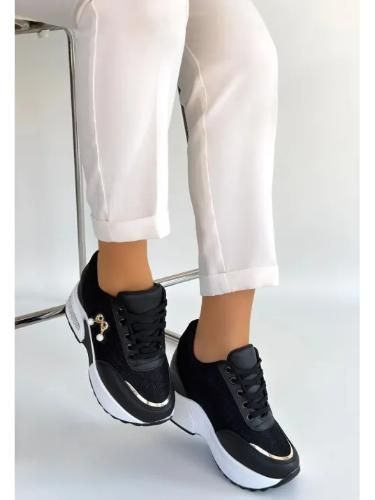 Wody Siyah Cilt Simli Bağcıklı Spor Ayakkabı