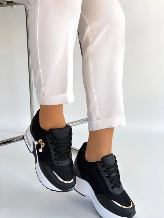 Wody Siyah Cilt Simli Bağcıklı Spor Ayakkabı