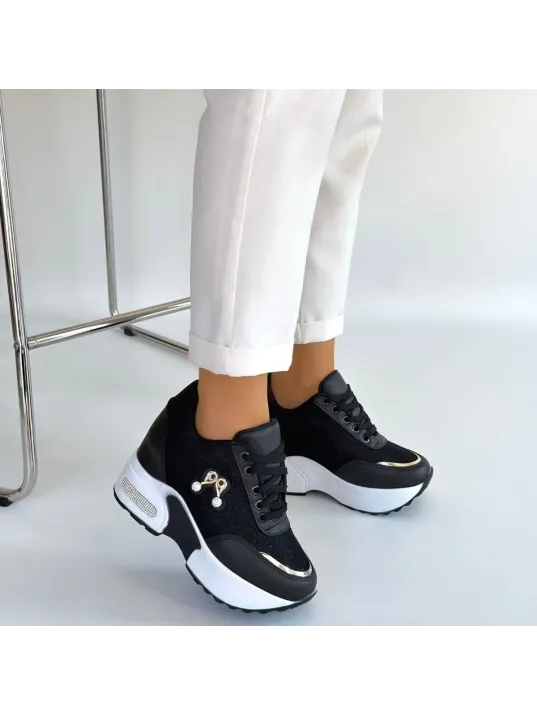 Wody Siyah Cilt Simli Bağcıklı Spor Ayakkabı