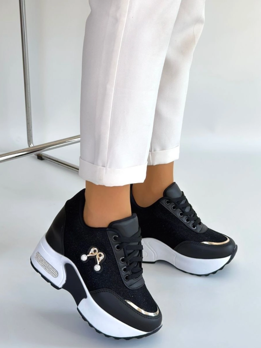 Wody Siyah Cilt Simli Bağcıklı Spor Ayakkabı