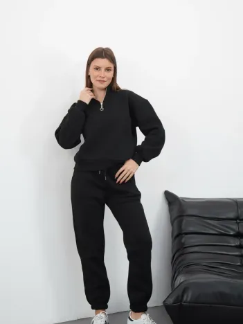 3 İplik İçi Şardonlu Yarım Fermuarlı Alt Üst Takım Siyah