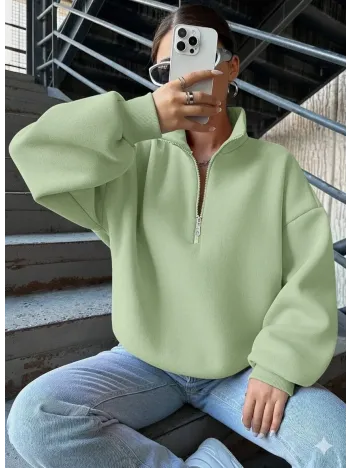 3 İplik Şardonlu Yarım Fermuarlı Sweatshirt Mint