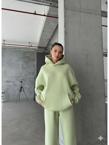 3 İplik Şardonlu Kapşonlu Sweatshirt Mint P510436