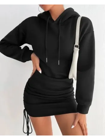 3 İplik Şardonlu Kapşonlu Elbise Siyah