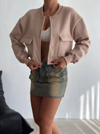 3 İplik Şardonlu Önü Çıtçıtlı Cepli Ceket Bej F2226