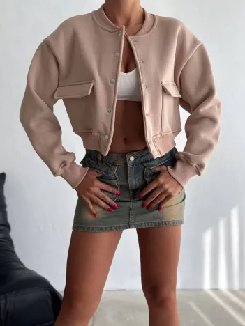 3 İplik Şardonlu Önü Çıtçıtlı Cepli Ceket Bej F2226