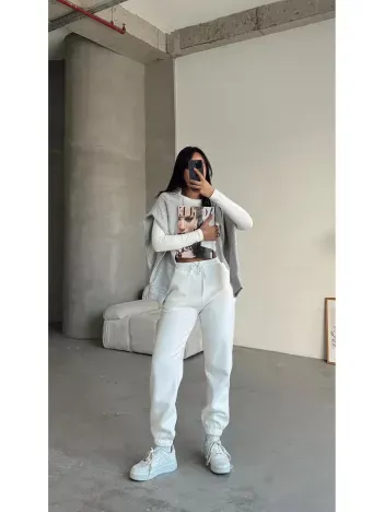 3 İplik Şardonlu Paça Lastikli Eşofman Beyaz İs001