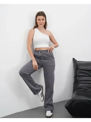 3 İplik Şardonlu Palazzo Pantolon Füme Md64