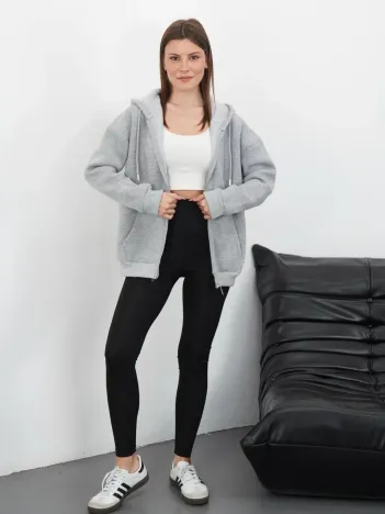 3 İplik Şardonlu Fermuarlı Kapşonlu Hırka Gri